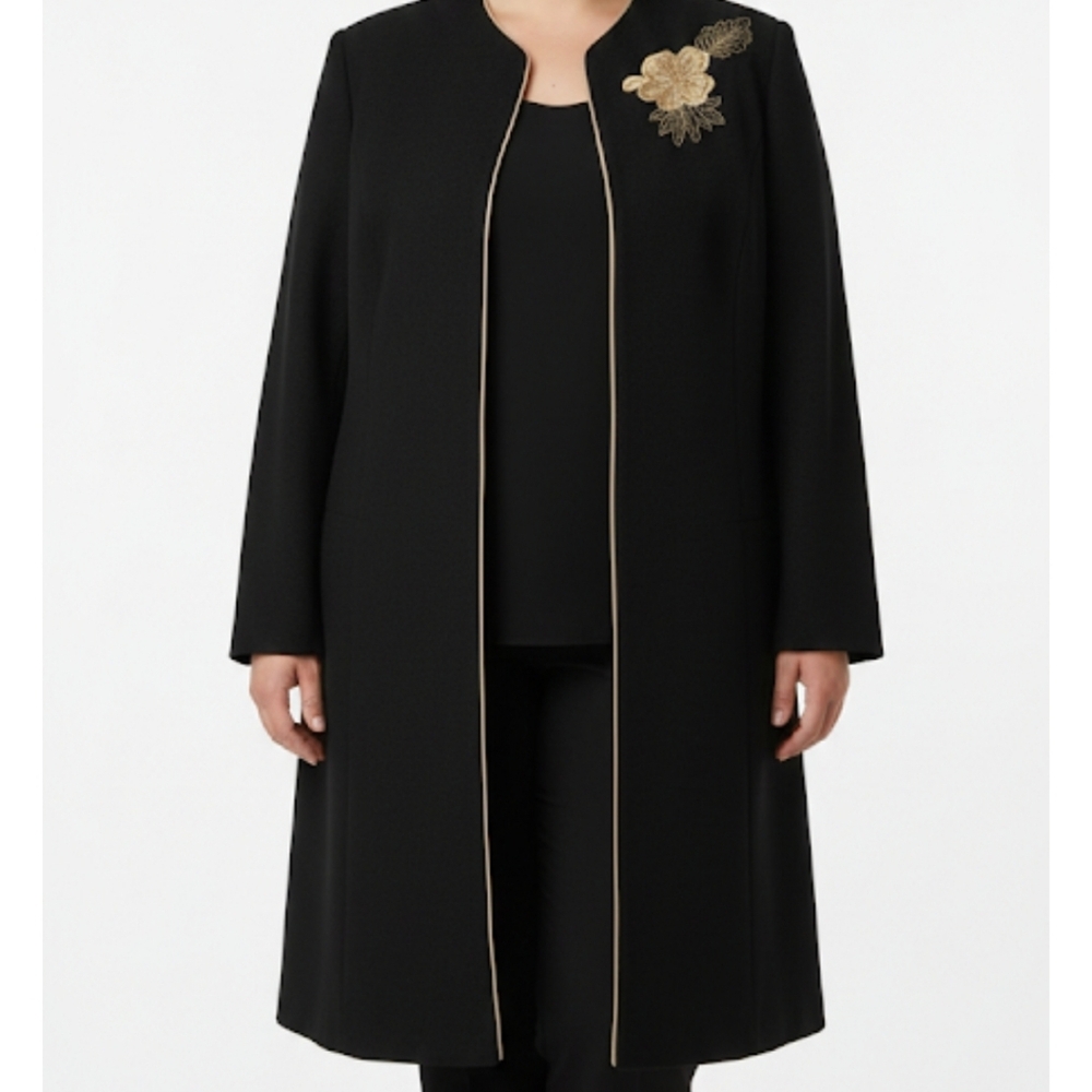 Vintage Open Long Black Coat Size 14 with Gold Floral Embroidery Quiet Luxury